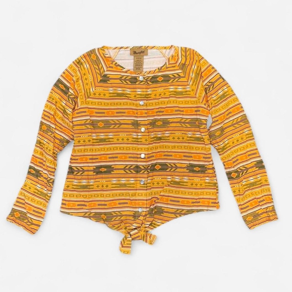 Wrangler Womens Southwestern Tie Front Snap Button Top Yellow Geometric Medium